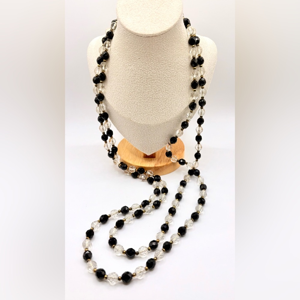 Vintage Long Gold Filled Faceted French Jet and Clear Crystal Beaded Necklace
